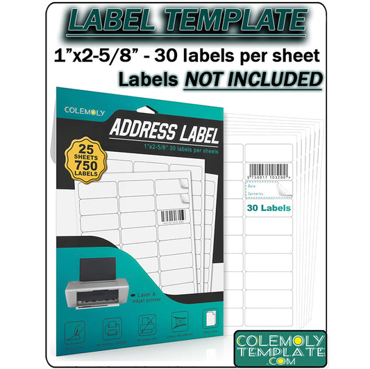 1x2-5/8" Rectangle Colemoly Label / Sticker Template (30 per sheet)- INSTANT DOWNLOAD In 7 Formats