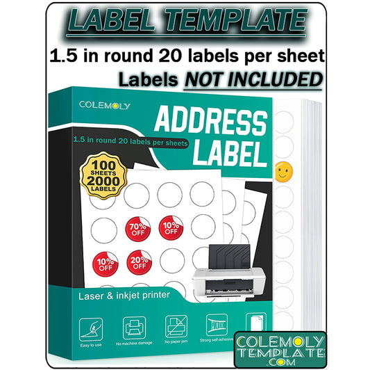 ---1.5" Round Colemoly Label / Sticker Template (20 per sheet) - INSTANT DOWNLOAD In 7 Formats