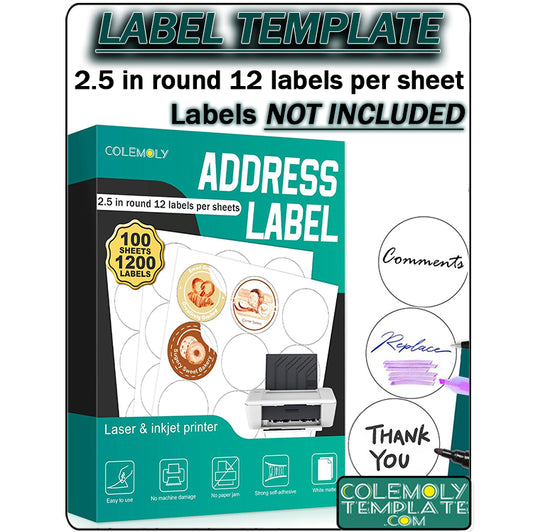 2.5" Round Colemoly Label / Sticker Template (12 per sheet)- INSTANT DOWNLOAD In 7 Formats