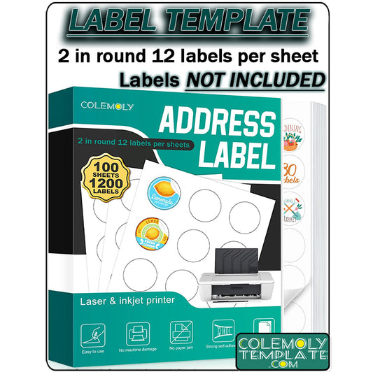 2" - Two Inch Round Colemoly Label / Sticker Template (12 per sheet)- INSTANT DOWNLOAD In 7 Formats