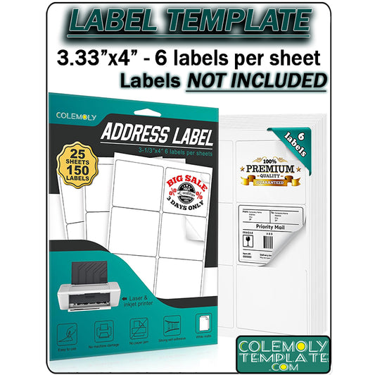 3.33x4" Rectangle Colemoly Label / Sticker Template (6 per sheet)- INSTANT DOWNLOAD In 7 Formats